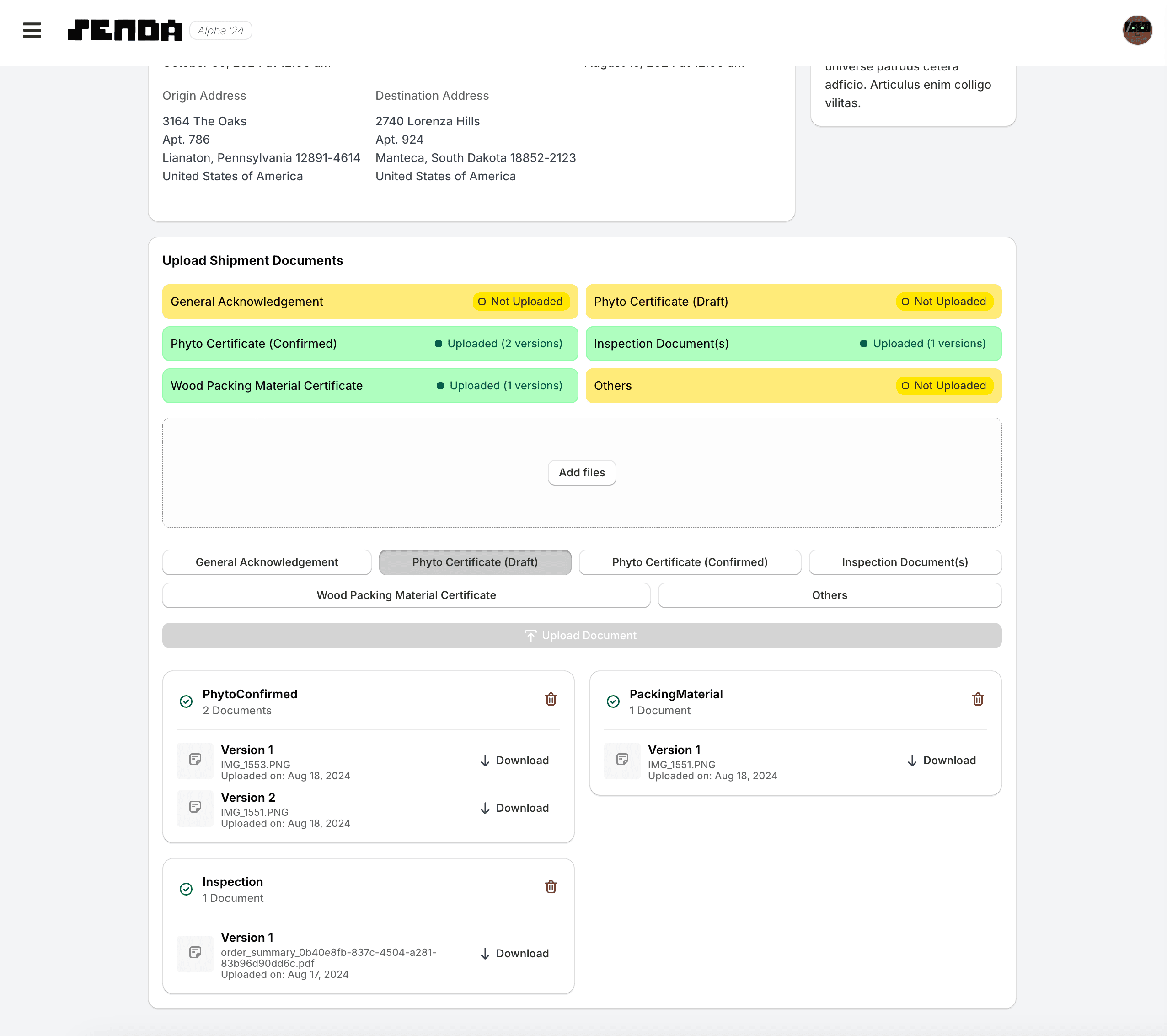 Senda shipment management workspace